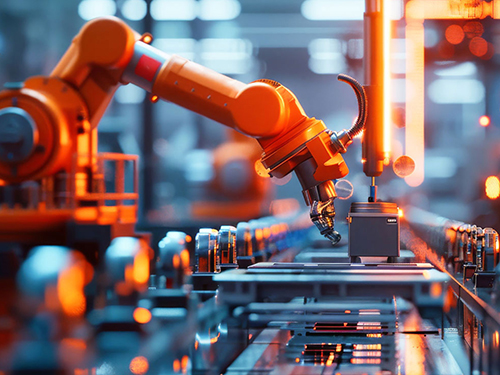 Orange Robot working in Industrial Production 