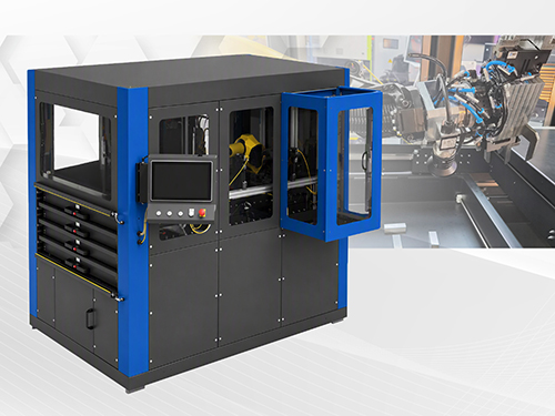Automated industrial production system featuring an enclosed manufacturing cell, integrated control panel, and robotic arm for precision assembly, automation, and high-efficiency manufacturing processes.
